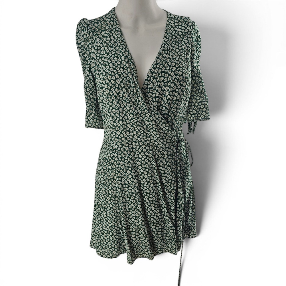 Reformation Venezuela Sammy Wrap Dress L Green Floral Short Sleeve Mini Cottage